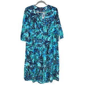 Roamans Shirt Dress Short Sleeve Crinkled Button Front Floral Blue Size 16W